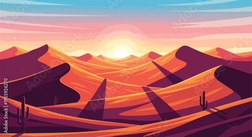 Vibrant desert dunes bathed in the warm glow of a stylized sunset or sunrise, creating a serene and expansive arid landscape illustration with