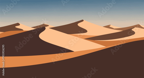 A serene abstract desert landscape with elegantly curved sand dunes rendered in a minimalist style. Warm brown and beige hues depict the vast, calm