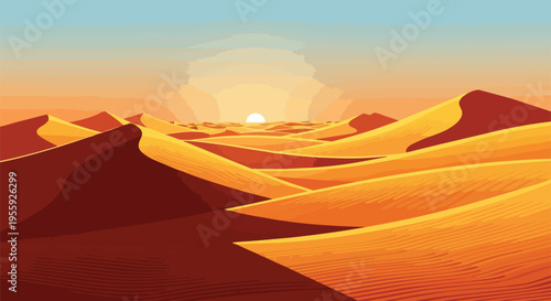 Vast desert landscape bathed in the radiant glow of a serene sundown casting elongated shadows across endless rippling dunes
