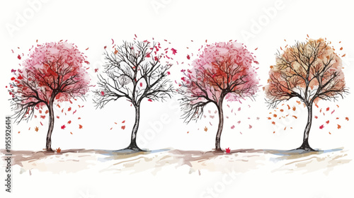 Four stylized trees, watercolor painted, show changing autumn seasons, with leaves falling