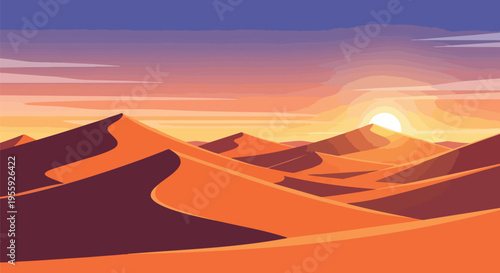 Stylized desert sunset scene with undulating dunes under a gradient sky a vibrant digital artwork showcasing tranquil natural beauty and arid vastness