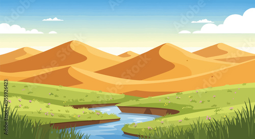 Vibrant desert landscape with flowing river and golden sand dunes under a clear blue sky, a beautiful and serene natural environment illustration