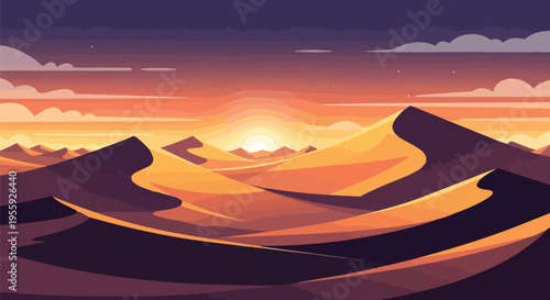 Vibrant desert landscape at sunset with stylized sand dunes and a fiery sky