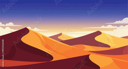 Artistic illustration of a desert landscape featuring undulating sand dunes at sunset