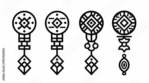 Four stylized pendants in geometric shapes, presented in a minimalist black-and-white