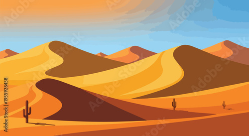A serene stylized desert landscape illustration depicting expansive golden sand dunes, contrasting shadows, and iconic saguaro cacti against a