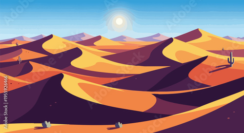 Vibrant desert landscape with flowing sand dunes and distant mountains under a bright sun, showcasing captivating shadows and the serene beauty of