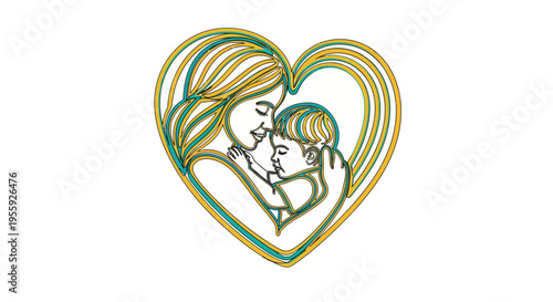 Continuous Line Art Mother and Child Hugging in a Heart Shape, Minimalist Motherhood Illustration, Maternal Love and Family Bonding Concept