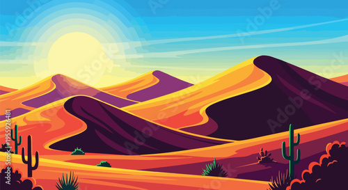 Vibrant desert landscape illustration with sweeping sand dunes in rich sunset hues, prominent cacti, arid flora under a brilliant sky, evoking a