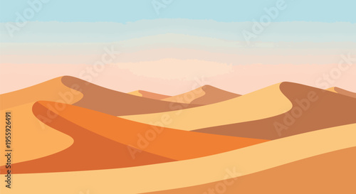 Expansive illustration of an abstract desert environment featuring undulating sand dunes in warm earthy tones beneath a soft gradient sky, evoking