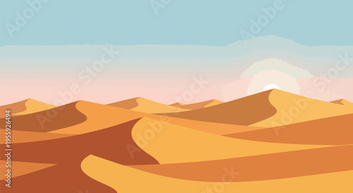 Arid desert landscape bathed in the gentle hues of dawn featuring an expansive vista of undulating sand dunes beneath a serene sky at sunrise a