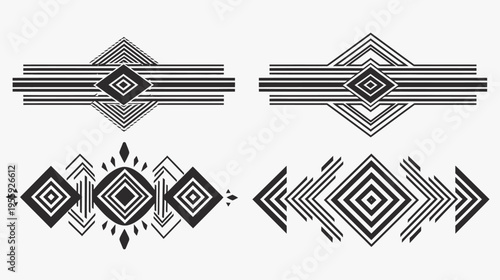 Four geometric design elements in black on white, with diamonds and line patterns
