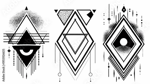 Geometric designs showcase stylized shapes triangles, diamonds, lines, and stippled textures