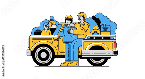 Family Road Trip and Adventure Concept Illustration Featuring People with a Yellow Pickup Truck in Modern Flat Outline Style