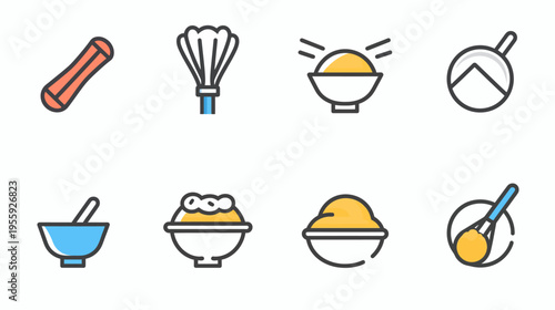 Eight colorful food preparation icons dough, whisk, mortar, filling, in bowls, outlined