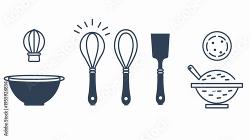 Outline illustration of cooking tools bowls, spatulas, whisks, and colander on white