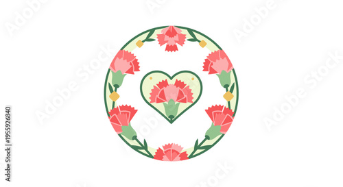 Elegant Floral Carnation Heart Wreath Illustration for Mother's Day and Love Greeting Cards - Flat Design Vector Icon with Pink Flowers and Green Border on White Background
