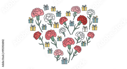 Heart Shape Made of Carnation Flowers and Gift Boxes Illustration for Mother's Day, Valentine's Day, and Appreciation - Floral Heart Vector Art
