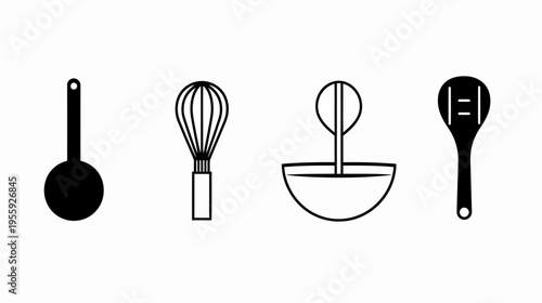 Vector graphic depicting four stylized kitchen implements in black and white