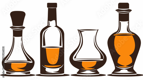 Four stylized, dark-outlined decanters filled with orange liquid on a white backdrop