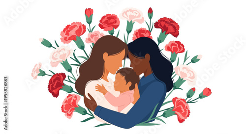 Diverse Same-Sex Couple with Child and Carnations Illustration for Mother's Day, LGBTQ+ Parenting and Love Concept