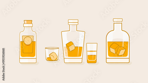 A digital illustration of liquor bottles and glasses with ice, in a warm color scheme