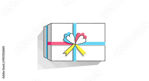 Minimalist White Gift Box Illustration with Colorful Ribbons and Heart Shaped Bow on White Background