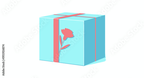 Isometric Light Blue Gift Box with Pink Flower Detail and Ribbon, Minimalist 3D Illustration Isolated on White Background
