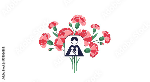 Happy Mother's Day Concept: Pink Carnations Bouquet with Mother and Children Icon Illustration
