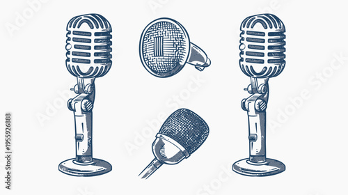 Illustration of four retro microphones in various angles, etched style on white backdrop