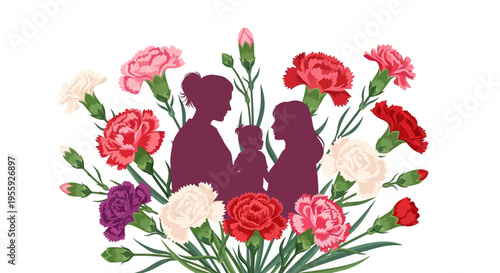 Silhouette of Family Women and Child with Colorful Carnation Bouquet Illustration, Mother's Day Concept