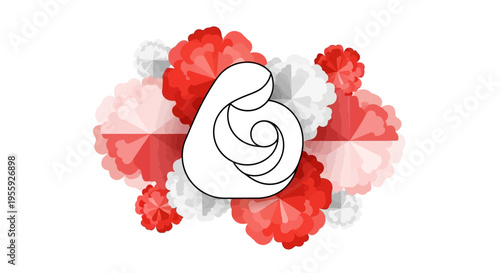 Minimalist Mother and Baby Illustration with Red and Pink Paper Cut Style Flowers - Maternal Love and Nurturing Concept for Mother's Day