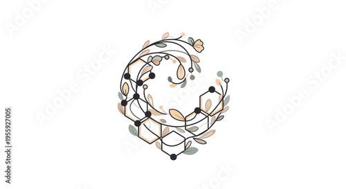 Minimalist Biotechnology and Natural Science Illustration Featuring Molecular Hexagons Integrated with Organic Botanical Vines and Leaves