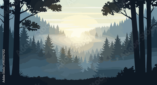 Captivating and tranquil forest landscape illustration displaying a magnificent misty sunrise or sunset over dense evergreen trees, creating a