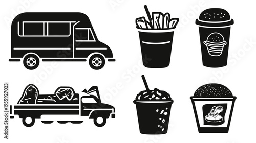 Vector icons of food delivery; van, truck, fries, two ice cream cups and a burger cup