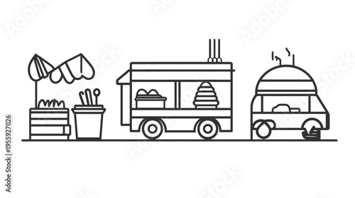 Outlined food carts and stands, showcasing simple vendor icons in black and white illustration