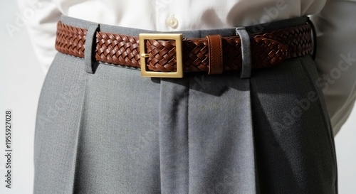 Close up of a man wearing a braided leather belt with a gold buckle.