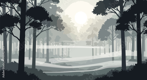 Serene monochrome forest landscape with ethereal mist and a radiant light source, creating a tranquil and atmospheric natural environment at dawn or