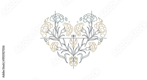 Elegant Floral Heart Shaped Carnation Illustration, Minimalist Symmetrical Line Art Design