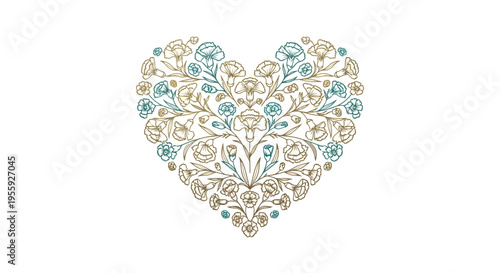 Elegant Floral Heart Illustration with Gold and Teal Carnations, Vintage Botanical Heart Shape for Valentine's Day and Wedding Invitations