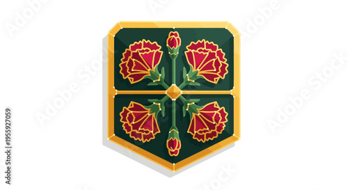 Elegant Heraldic Shield with Red Carnations and Gold Border on Green, Modern Floral Crest Vector Illustration for Branding and Identity