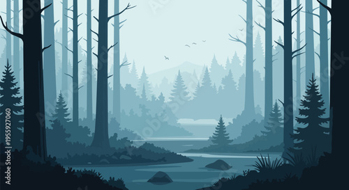 A serene and captivating misty forest landscape with a flowing river and layered trees in a cool, illustrative style