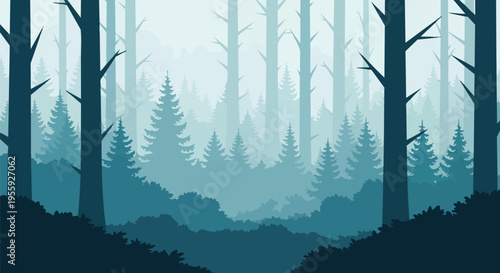 An ethereal vector forest scene with layered trees and atmospheric mist creating a serene and captivating natural landscape illustration perfect for