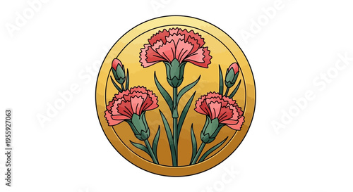 Vintage Style Floral Emblem Featuring Three Pink Carnations on a Golden Circle Medallion over a White Background