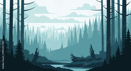 Deep blue-green forest layers with tranquil river flowing through serene misty woodland a peaceful natural landscape illustration depicting