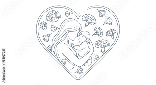 Motherhood Line Art Illustration: Mother Holding Baby in Heart with Carnation Flowers - Minimalist Vector Design for Mother's Day and Family Greeting Cards