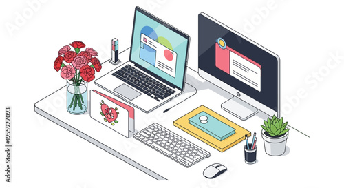 Modern Isometric Workspace Illustration with Laptop, Desktop Computer, Flowers, and Office Supplies for Remote Work, Freelance, and Digital Design Concepts