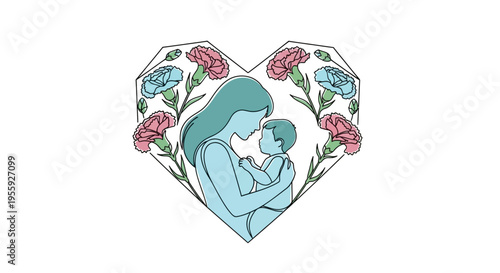 Minimalist Mother and Baby Silhouette Line Art Illustration in a Floral Heart Frame with Carnations for Mother's Day