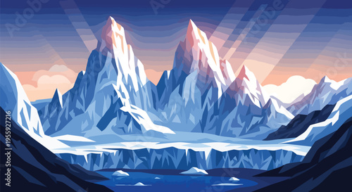 A breathtaking frozen panorama featuring towering snow covered mountains glaciers and a serene icy lake under a sky pierced by golden dawn light