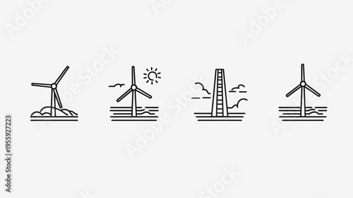 Black and white vector art depicting wind turbines and tower on flat plains